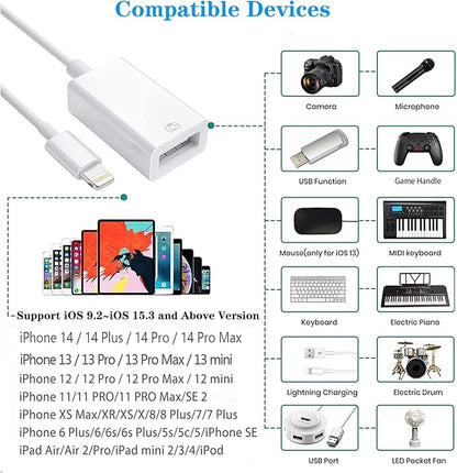 Lightning to USB Camera Adapter, Apple MFi Certified USB 3.0 OTG Dongle Cord for iPhone 14 13 12 11 X XS XR 8 Plus, iPad to Connect USB Flash Drive, Card Reader, Keyboard, Mouse, Piano, U Disk