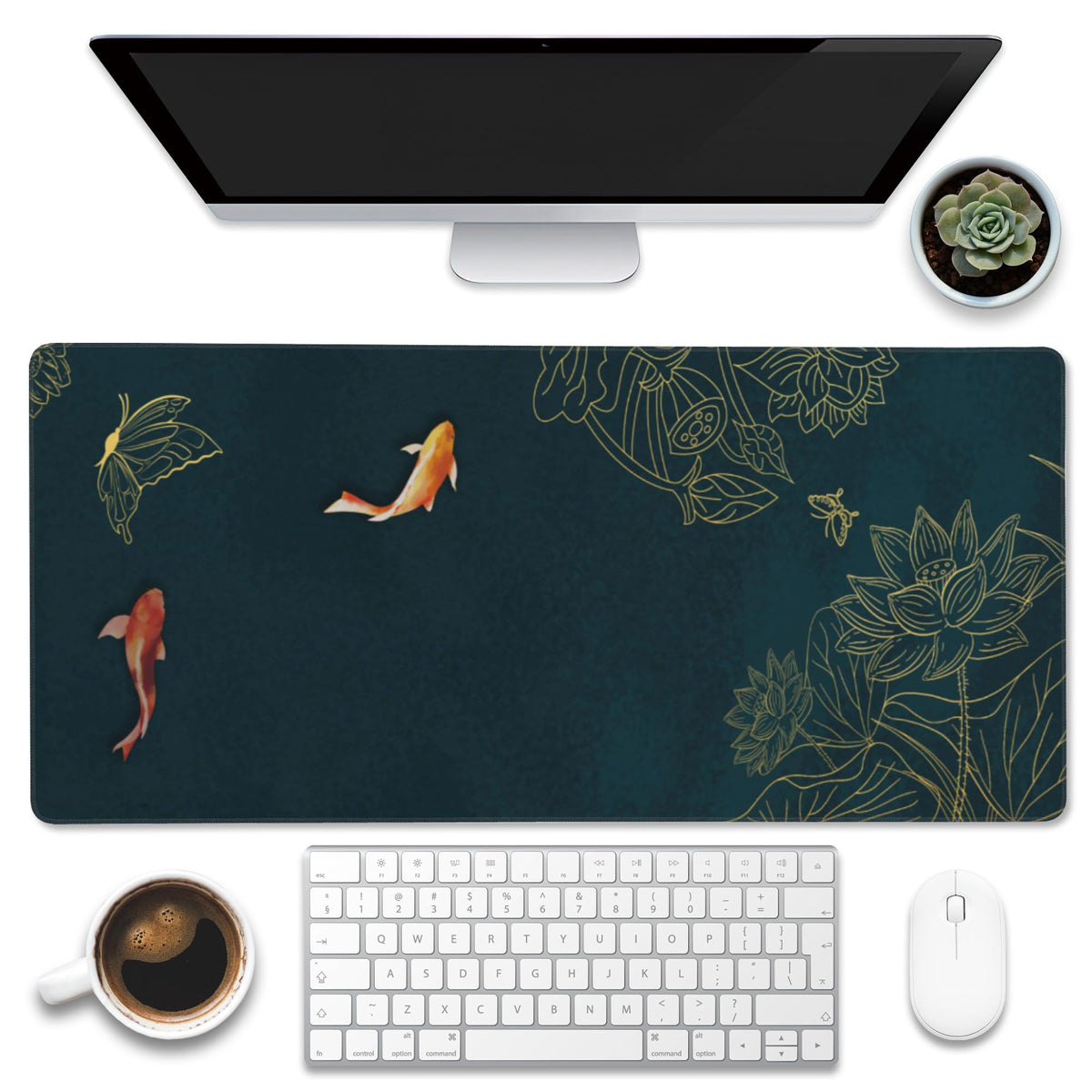 Eflxamz Large Gaming Mouse Pad, Koi Fish Ink Painting Desk Mat, Golden Line Lotus Desk Pad, Extended Big Computer Keyboard Mouse Pad with Non-Slip Base and Stitched Edge, 31.5"x11.8"