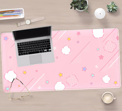 Pink Mouse Pad Large Desk Mat Gaming, Kawaii Desk Pads Stars Mouse Mat XXL Cute Keyboard Pad, Laptop Computer Mat with Non-Slip Base & Stitched Edges, Office Decor for Women 31.5" x 15.7"