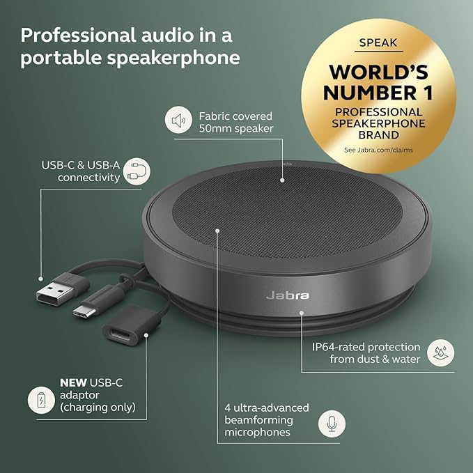 Jabra Speak2 75 (2025 Edition) Wireless Bluetooth Speakerphone - 4 Noise-Cancelling Mics, 65mm Speakers - New Linking Feature - USB-A Dongle - Certified for Microsoft Teams - Dark Grey