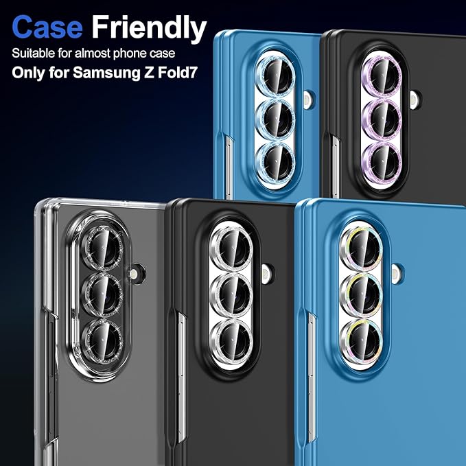 for Samsung Galaxy Z Fold 7 Camera Lens Protector, Individual Metal Ring Tempered Glass Lens Cover, [Strong Adsorption] Scratch Resistant Ultra-Thin HD Clear Lens Cover, 1 Set-Colorful Sparkly