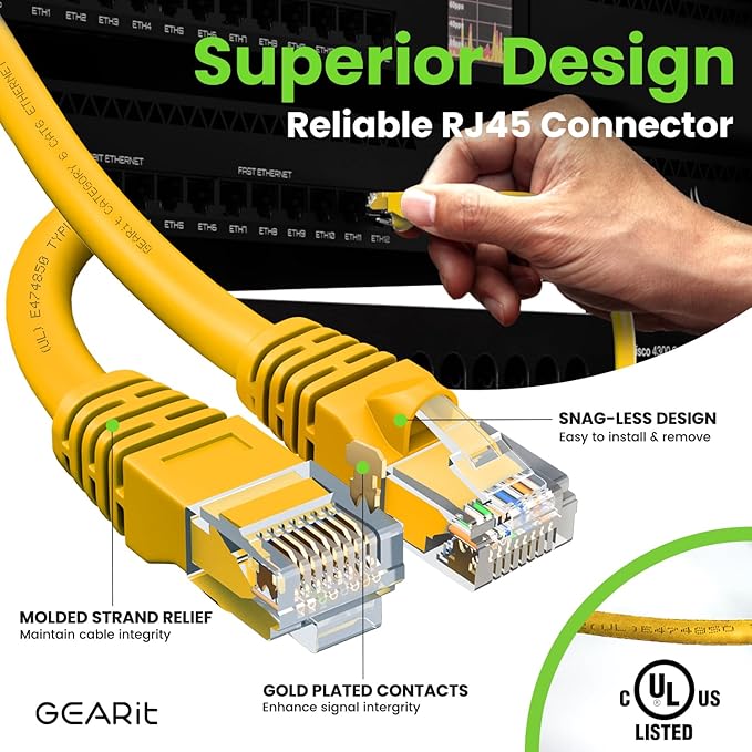 GEARit Cat 6 Ethernet Cable (50-Pack 1 Foot) Cat6 Network Patch, 10Gbps, RJ45, Snagless Cord, Gold-Plated Connectors, Internet for PC, TV, Tablet, Router, Printer, Servers, IT Data Center - Yellow