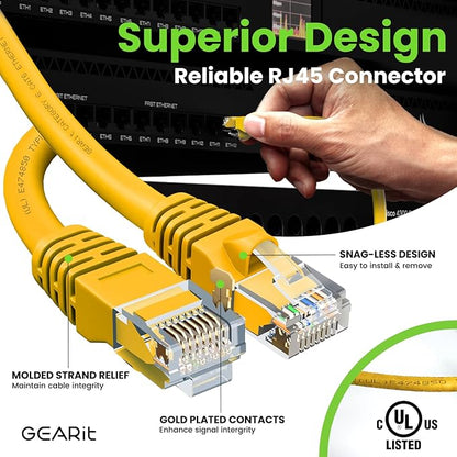 GEARit Cat 6 Ethernet Cable (50-Pack 1 Foot) Cat6 Network Patch, 10Gbps, RJ45, Snagless Cord, Gold-Plated Connectors, Internet for PC, TV, Tablet, Router, Printer, Servers, IT Data Center - Yellow