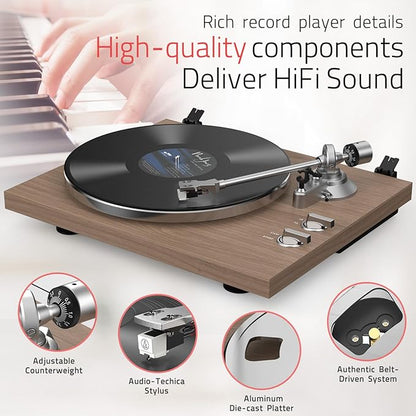 Turntables Record Player with Wireless Output Connectivity Vinyl Player Belt-Drive Support 33 45 RPM Speed Phono Line USB Digital to PC Recording with Advanced MM Cartridge ATN3600L Light Brown