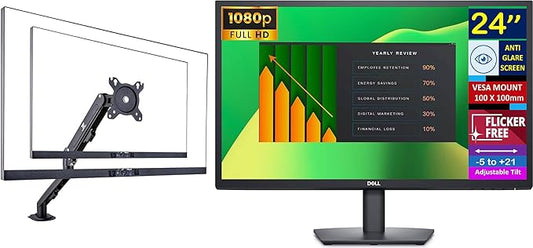 Dell 24" FHD VA Monitor with 5 ms Response Time, Flicker Free & Anti-Glare Display,VESA Mount(100x100mm), 1 x DisplayPort, VGA, Home & Business, Black (2026 Latest Model) & Ergoflexy Single Mount Arm