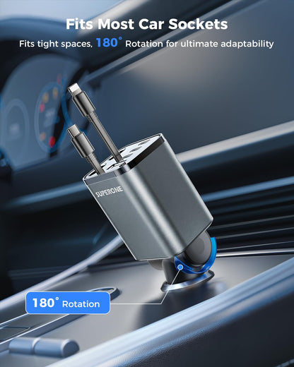 [Upgraded] 6 in 1 Retractable Car Charger with USB-C & Apple Cables