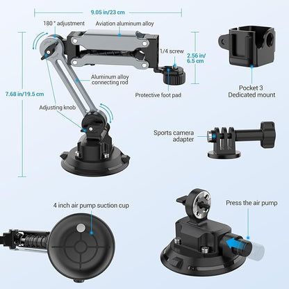 Geyo Camera Suction Cup Mount, Aluminum Alloy Multi-Function Shock Absorber Arm Stabilizer, 4" Vacuum Suction Cup, 1/4" Mounting Holes Car Mount for Insta 360 X4, for DJI Pocket 3, for GoPro, Silver