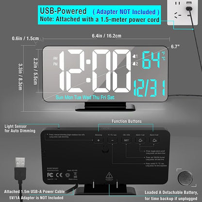 KOSUMOSU Digital Alarm Clock 6.7in Black Clock for Bedroom, Dual Alarm, Date, Seconds,Day of Week,12/24h,Dimming, Temp, Desk Clock, LED Clock for Living Room, Calendar Digital Clock
