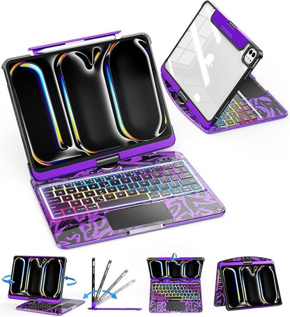 SIBEITU Keyboard Case for iPad Pro 11 Inch (M5 2025 / M4 2024), 360 Rotatable iPad Pro 11 Clear Cover with Multi-Touch Trackpad, 7-Color Backlight & 3 Brightness, High-Tech Visible PCB Design, Purple