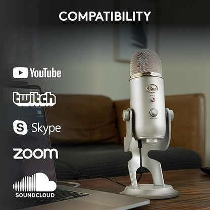 Blue Microphones Yeti Silver USB Mic for Recording, Streaming & Gaming on PC and Mac with Blue Voce Effects 4 Pickup Patterns, Headphone Output, Volume Control, Mic Gain Control, & Adjustable Stand