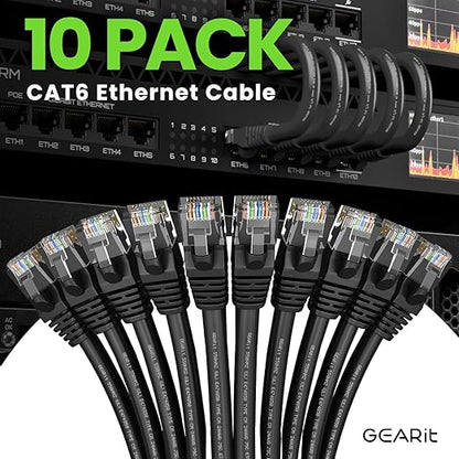 GEARit Cat 6 Ethernet Patch Cable 3 ft Black (10 Pack) Cat6 Patch Cables 3ft Black/Ethernet Patch Cable, 10Gbps 550MHz 24AWG Pure Copper, Snagless, Gold Plated RJ45 for Router, Server, Router, PC