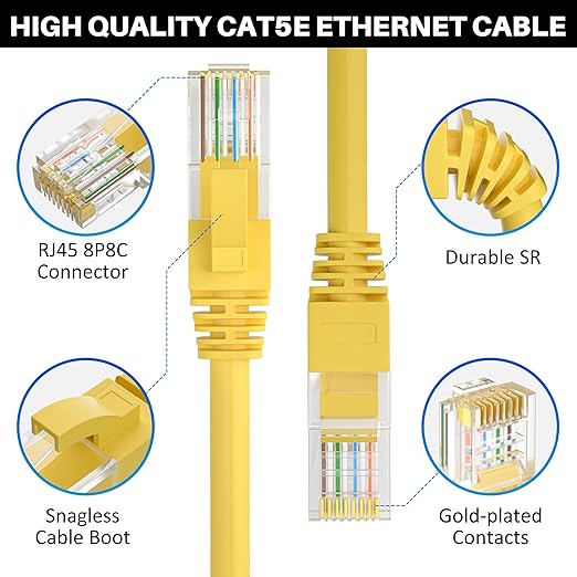 Cat5e Ethernet Cable 35 FT, Long Cat 5e Internet Cable, Yellow Snagless Patch Cord, Flexible, Network, LAN, PoE, Standard RJ45 Connector for PC, Server, Router, Modem, TV, PS5 - with 15 Cable Ties
