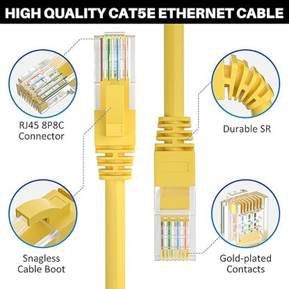Cat5e Ethernet Cable 50 FT, Long Cat 5e Internet Cable, Yellow Snagless Patch Cord, Flexible, Network, LAN, PoE, Standard RJ45 Connector for PC, Server, Router, Modem, TV, PS5 - with 15 Cable Ties