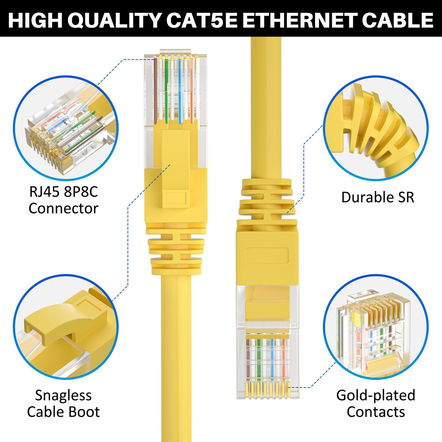 Cat5e Ethernet Cable 50 FT, Long Cat 5e Internet Cable, Yellow Snagless Patch Cord, Flexible, Network, LAN, PoE, Standard RJ45 Connector for PC, Server, Router, Modem, TV, PS5 - with 15 Cable Ties