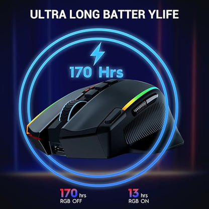 Redragon Wireless Gaming Mouse, Ergonomic Mouse 16000 DPI with Rapid Fire Key, 9 Macro Buttons, 170-Hour Durable Power Capacity and RGB Backlight Wired/Wireless Mouse for Laptop/Mac/PC