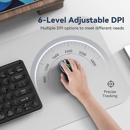 Bluetooth Mouse (BT5.0/3.0 & 2.4G) Rechargeable Wireless Mouse, 4800 DPI Optical Tracking, 6 Adjustable DPI, 2.4GHz with USB A Receiver, Quiet Clicks, Ergonomic Grips, 6 Buttons - Blue