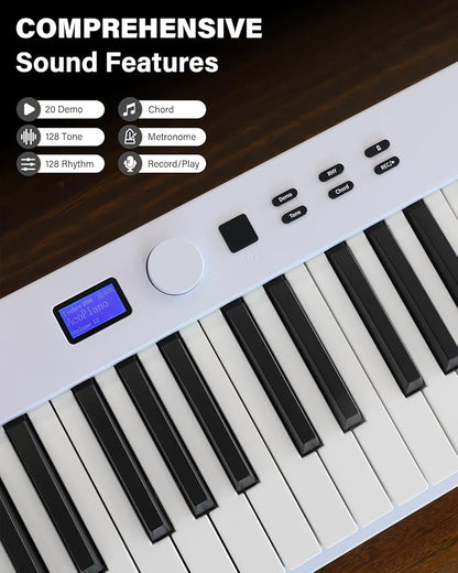 AiJoy 88 Key Beginner Piano Keyboard with Semi-Weighted Keys, 128 Tones, Speakers, USB MIDI, Carry-Bag, Sustain Pedal and Stand, White
