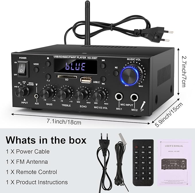 Romica Stereo Audio Amplifier, 2 Channel 500W Bluetooth 5.0 Home Theater Power Amplifier with FM, Echo, AUX, USB, SD, MIC Inputs, HiFi AMP for Passive Speakers and Active subwoofer