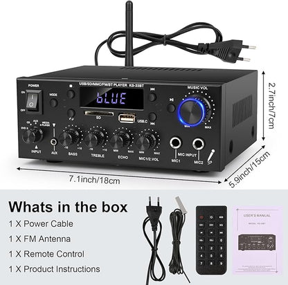 Romica Stereo Audio Amplifier, 2 Channel 500W Bluetooth 5.0 Home Theater Power Amplifier with FM, Echo, AUX, USB, SD, MIC Inputs, HiFi AMP for Passive Speakers and Active subwoofer