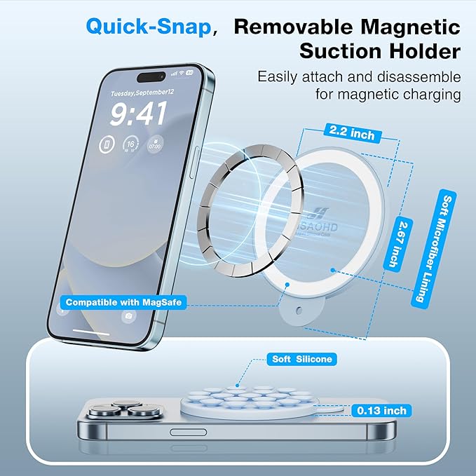 Magnetic Suction Cup Phone Mount for MagSafe Case, Silicone Hands-Free Grip Holder for iPhone and Android, Mirror Shower Phone Stand for Makeup FaceTime Gym Kitchen Bathroom, Baby Blue
