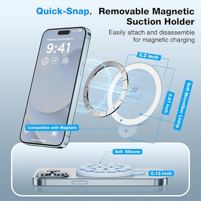 Magnetic Suction Cup Phone Mount for MagSafe Case, Silicone Hands-Free Grip Holder for iPhone and Android, Mirror Shower Phone Stand for Makeup FaceTime Gym Kitchen Bathroom, Baby Blue