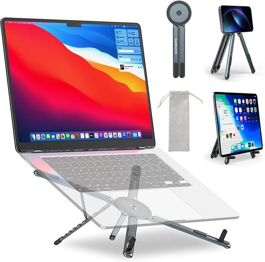 makecatch Portable Laptop Stand for Desk, 3-in-1 Adjustable Holder for MacBook, 8-Level Height & Angle, Aluminum Alloy Desktop Stand, Compatible with 4-13” iPhone, 10-16” Laptops & Tablets(Gray)
