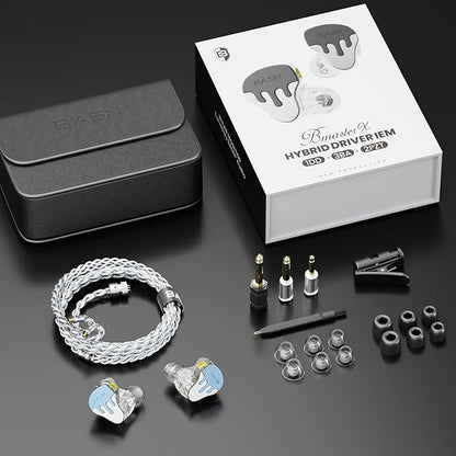 BASN BmasterX in Ear Audio Monitor, Hybrid 6 Drivers IEM Earphones with Crystal Clear Sound, Detachable Cable Plus Carrying Case & Fit Kit for Musician, Stage, Studio (3.5mm/4.4mm Jack, Blue/White)