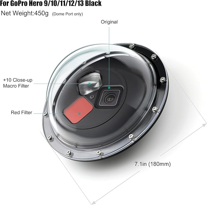 Dome Port for GoPro Hero 13 12 11 10 9 Black, Dome Port Lens with Waterproof Housing Case, Trigger, Floating Hand Grip, Built-in Switchable Red Filter and 10x Macro Filter