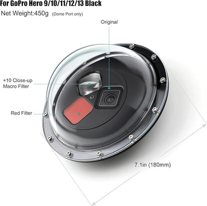 Dome Port for GoPro Hero 13 12 11 10 9 Black, Dome Port Lens with Waterproof Housing Case, Trigger, Floating Hand Grip, Built-in Switchable Red Filter and 10x Macro Filter