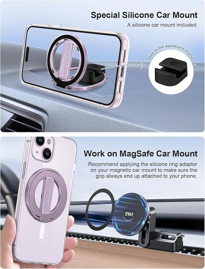EWA MagOne Ultra Phone Grip Stand with Replaceable Elastic Finger Loop, Removable Magnetic Ring Holder Kickstand Loop, Accessories for iPhone 16, 15, 14, 13 Pro/Max/Plus (Purple)