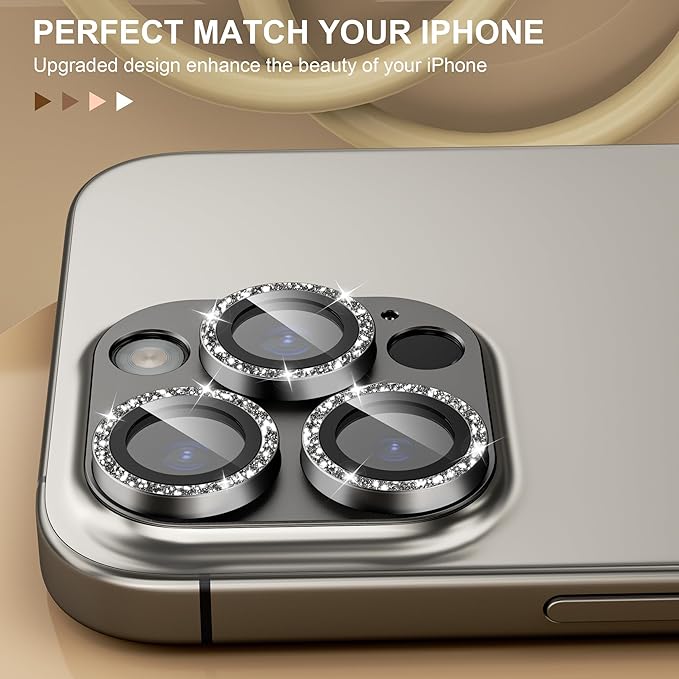 beuxece Compatible for iPhone 16 Pro/iPhone 16 Pro Max Camera Lens Protector, Bling Metal Tempered Glass Camera Screen Cover Accessories [Strong Adsorption][Case-Friendly]- Glitter Titanium Natural