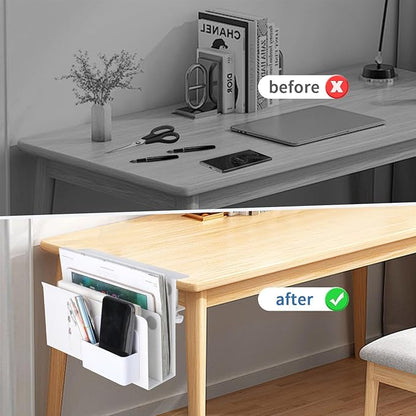2 Tier Desk Side Storage, Under Desk Laptop Holder with Magnetic Pen Holder, Clamp on Table Organizer, No Drill Hanging Table Organizer for Office and Home Fits Flat Edge 0.3" to 2.3"