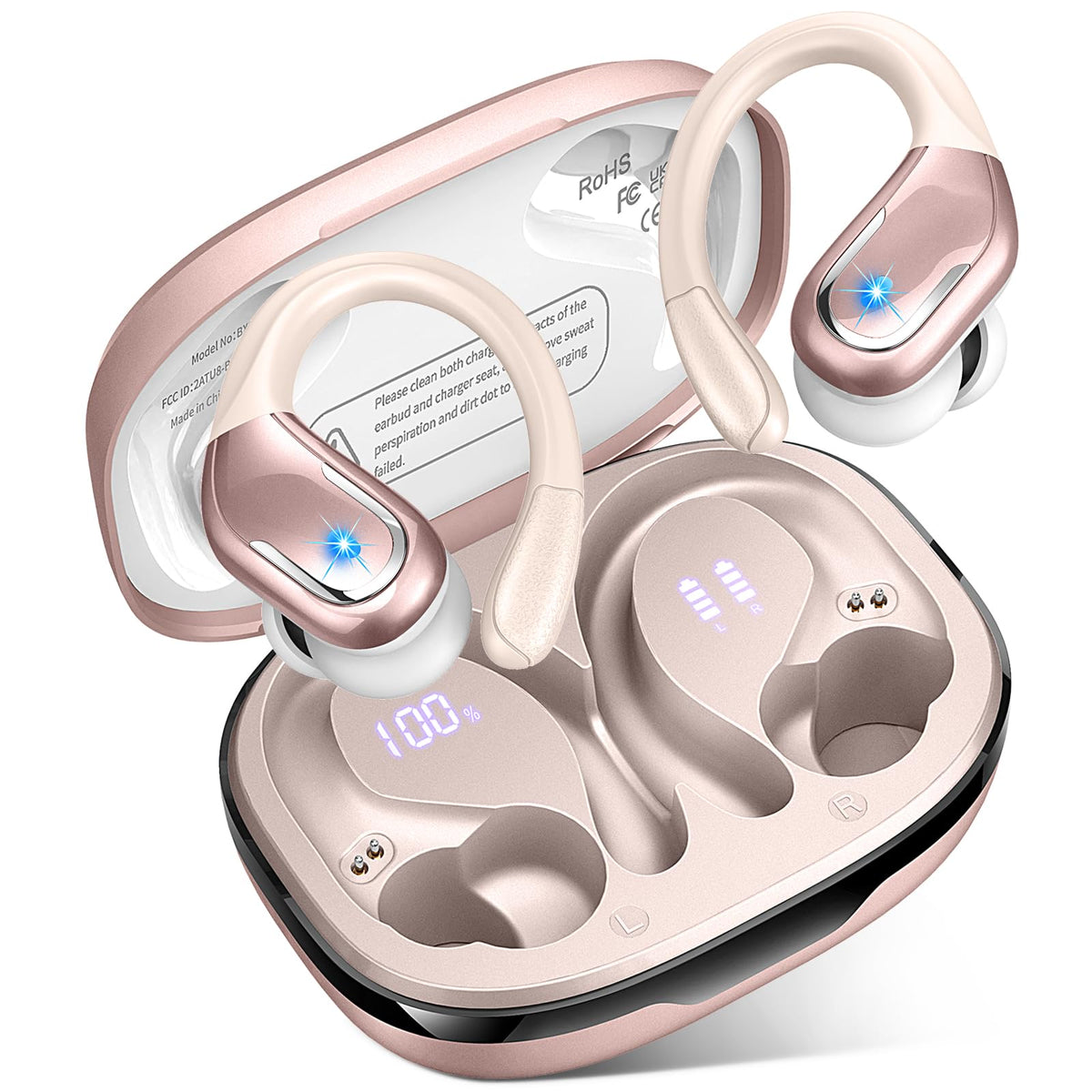 Ltinist Wireless Earbud, Bluetooth 5.3 Headphones Pure Bass Sound with Earhooks, 75H Battery Over Ear Headphones with Dual-LED Display, IP7 Waterproof Earphones Built-in Microphone for Running Sports
