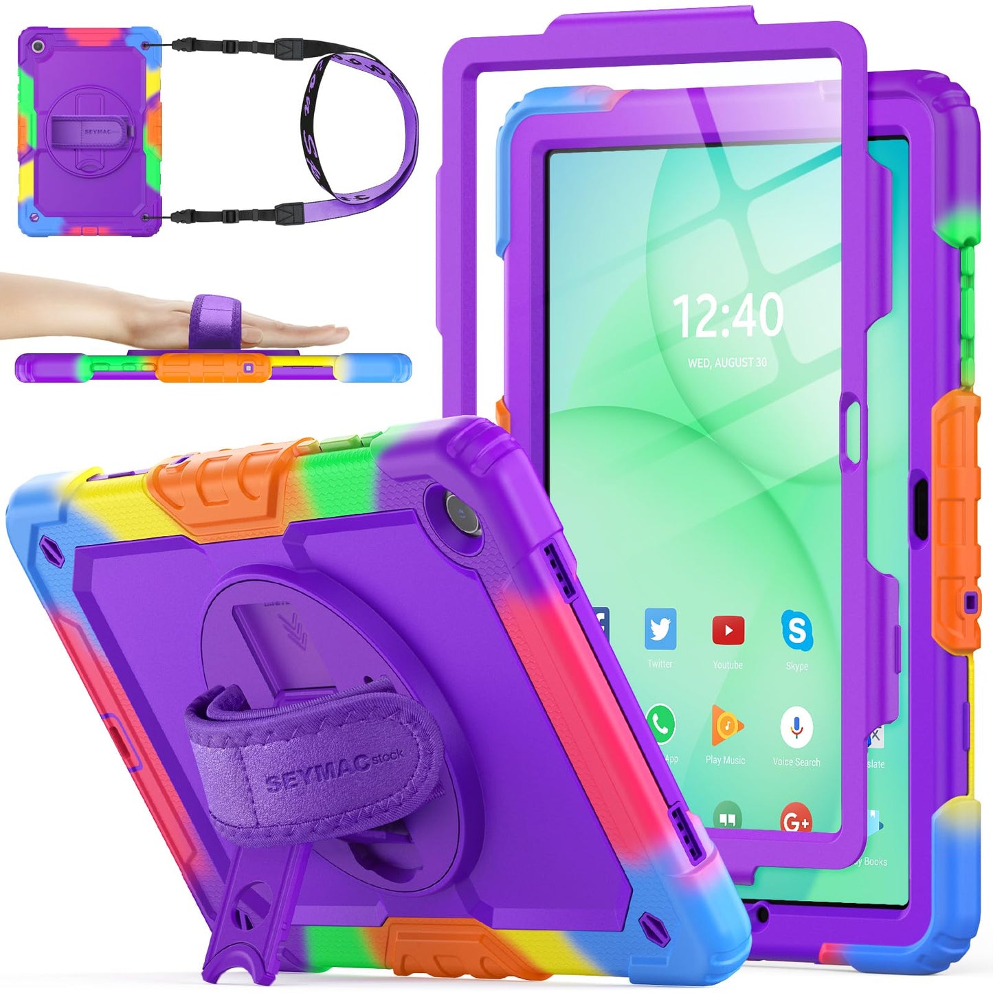 SEYMAC stock Case for Samsung Galaxy Tab A11+ Plus/A9+ Plus 11'', Full-Body Drop Protection Case with Screen Protector Pencil Holder [360° Rotating Hand Strap] &Stand, Purple+Colorful