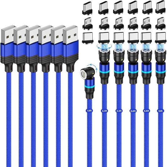 Magnetic Charging Cable (6-Pack,1.6+3.3+3.3+6.6+6.6+10ft) 540° Rotation 3A Fast Charging Data Sync 3 in 1 Magnetic Phone Charger Cable with LED Light Compatible with Micro USB Type C Phone Device