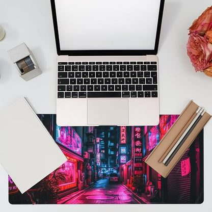 Desk Mat,Japanese Anime Neon Street Desk Pad,Anime City Large Gaming Mouse Pad for Desk,Extended Big Computer Keyboard Mouse Pad with Non-Slip Base and Stitched Edge,35.4"x15.7"