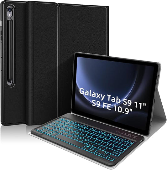Backlit Keyboard Case for Samsung Galaxy Tab S10 Lite/S10 FE/S9 FE 5G 10.9"/ Tab S9 11", 7 Colors Backlight Detachable Magnetic Wireless Keyboard Case, PU Leather Folio Case, Black