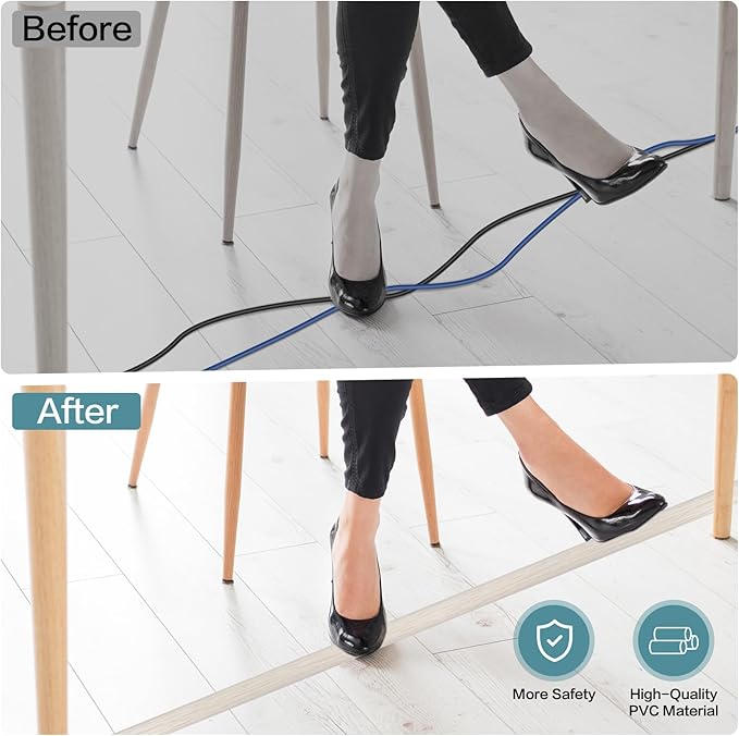 Floor Cord Cover Self Adhesive Cord Hider Floor Extension Cord Covers for Floor Power Cord Protector Cable Management Prevent Cable Trips Cable Cavity 0.32" W x 0.32" H (Beige Wood, 3.3Ft)