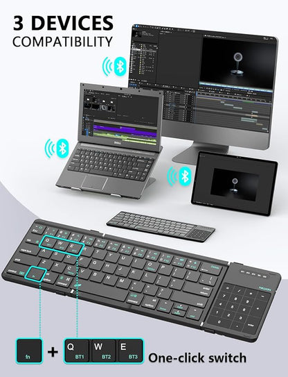 Nillkin Foldable Keyboard with Touchpad, Bluetooth Keyboard with Number Pad, Full Size Keys, Large Trackpad Small Travel Portable Keyboards for iPad Laptop PC Tablets -Black