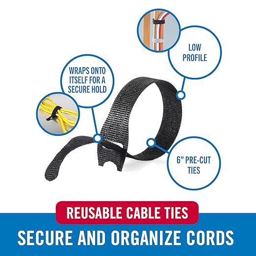 VELCRO Brand Reusable Cable Ties, 100 Pack 6 Inch Cable Management Ties, Cord Wraps for Electrical Cords, Black