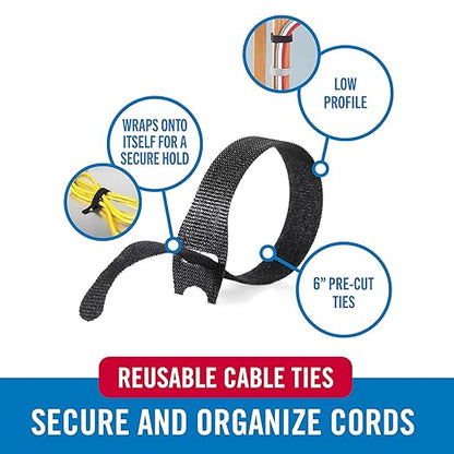 VELCRO Brand Reusable Cable Ties, 100 Pack 6 Inch Cable Management Ties, Cord Wraps for Electrical Cords, Black