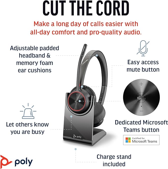 Poly Voyager 4320 UC Wireless Headset & Charge Stand (Plantronics) - Stereo Headphones w/Noise-Canceling Boom Mic - Connect PC/Mac/Mobile via Bluetooth-Works w/Teams (Certified), Zoom-Amazon Exclusive