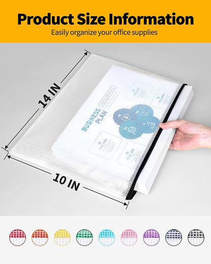 SUNEE Plastic Mesh Zipper Pouch 10x14 in (9 Colors, 18 Packs),Extra Large Water-Resistant Zip Bag for School Office Supplies, Puzzles & Games Organizing Storage