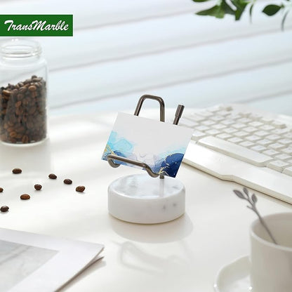 Marble Phone Stand with Metal Holder, Charging Available While Using, Swipe Up to Unlock, Made of Natural Marble as Business Card Holder for Office Desk (Starry White + Black)