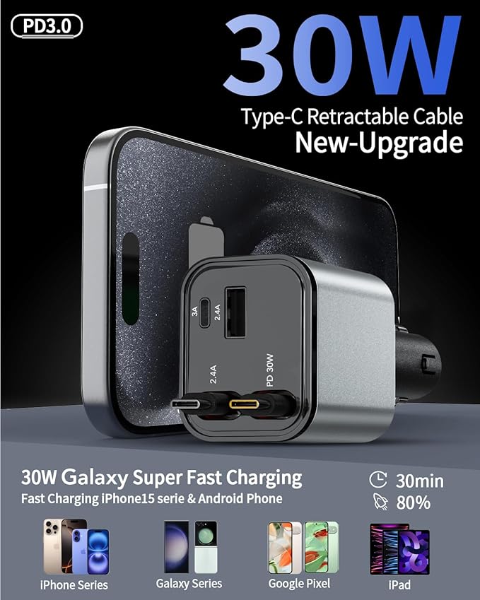 Retractable Car Charger, 4 in 1 Fast Car Phone Charger 66W, 2 Retractable Cables and 2 USB Port, Compatible with iPhone 16/15/14/13/12/11,Galaxy,Pixel