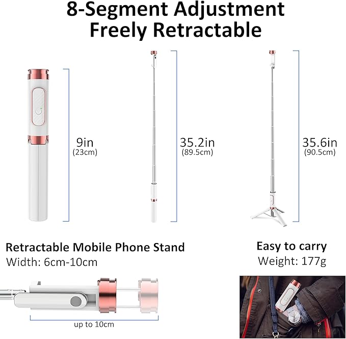 Aluminum Alloy Selfie Stick Tripod with Remote, Foldable Travel Tripod Stand 270 Rotation Compatible with iPhone/Android/Go Pro Camera