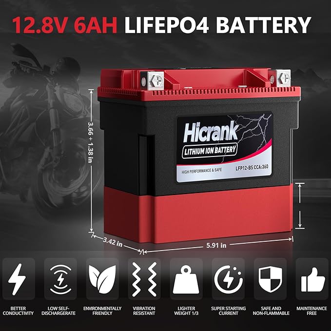 YTX12-BS 12V 6Ah,360CCA LiFePO4 Lithium Motorcycle Battery,Powersports Battery for Honda KTM Yamaha Harley Fit ATV, UTV, Scooter, Motocross, Lawn Mower, Jet Ski, Polaris