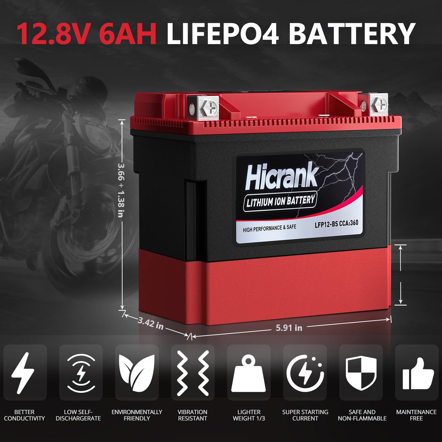 Hicrank YTX12-BS 12V 6Ah,360CCA LiFePO4 Lithium Motorcycle Battery,Powersports Battery for Honda KTM Yamaha Harley Fit ATV, UTV, Motocross, Lawn Mower, Jet Ski, Polaris