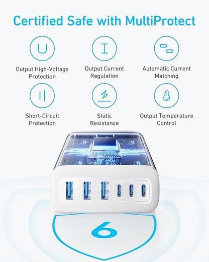 Anker Desktop Charger, Fast Charging USB C Charger, 112W Max 6-Port Charging Station, for iPhone, iPad, MacBook, Samsung and More (Cable Not Included)