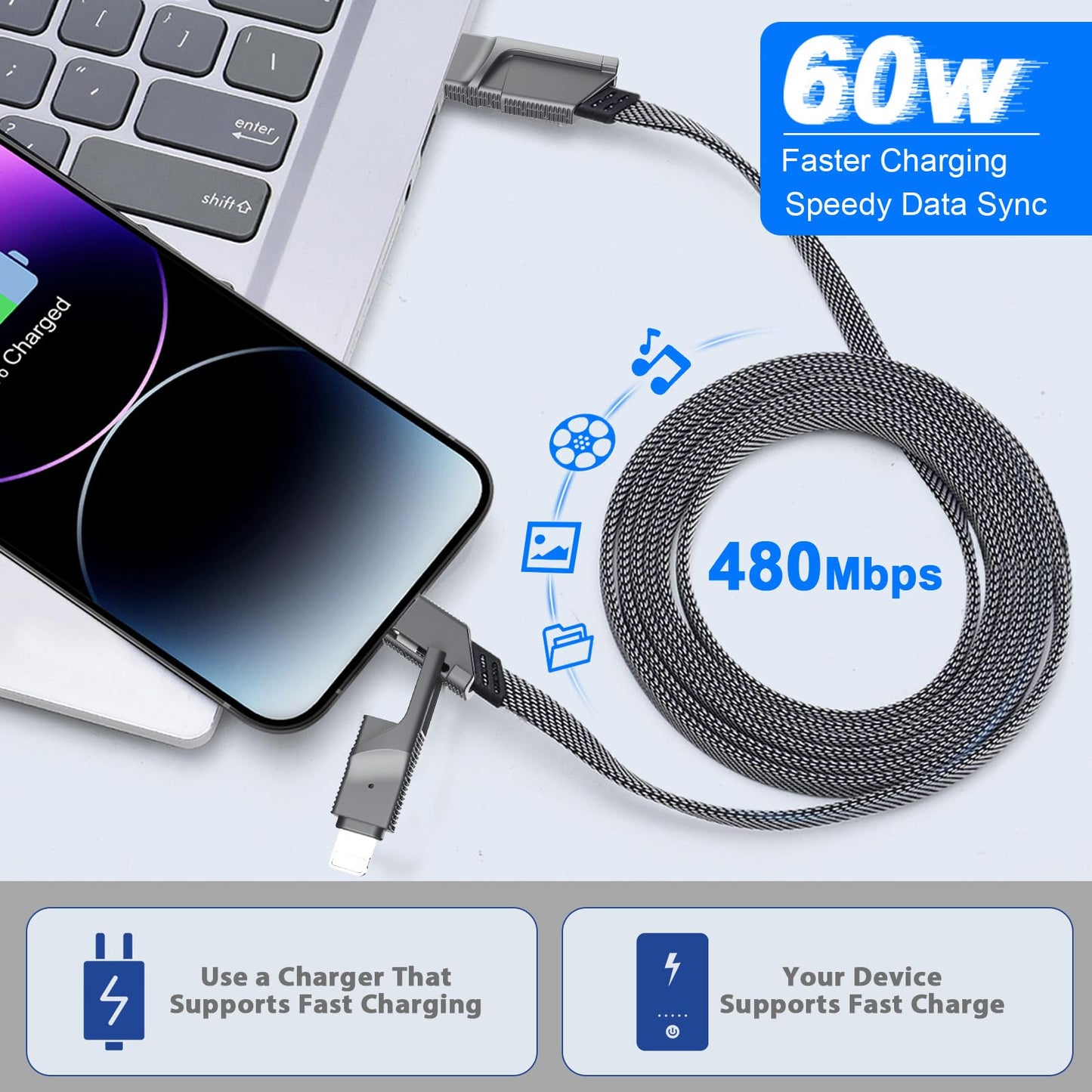[2-Pack] 60W Multi Charging Cable 6FT, 4 in 1 USB C Cable Fast Charging Cord, Flat Braided Dual Type C & Lightning Multi Charger for iPhone 17 16 15 Pro Max/Air, Samsung S24 S23, Pixel, Car & Travel